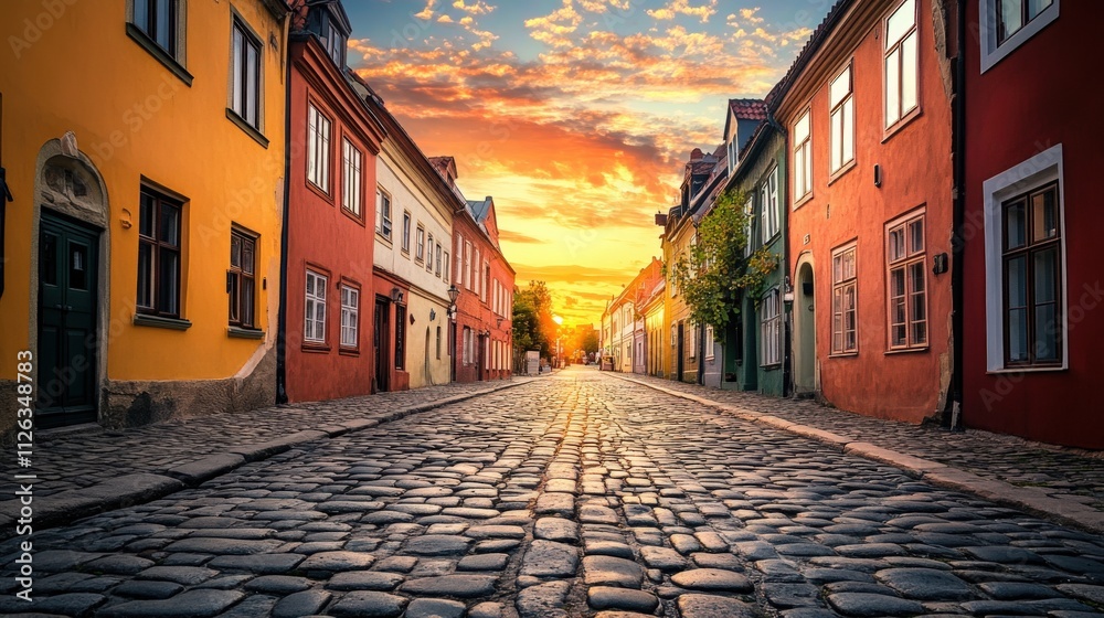 Fototapeta premium charming cobblestone street at sunset
