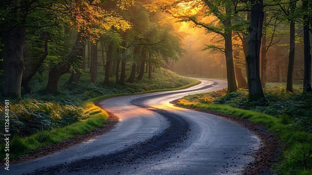 Fototapeta premium Winding asphalt road cuts through a sunlit green forest perfect for journey marketing themes.