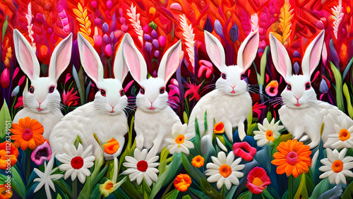 A group of rabbits hopping through a field of Otomi flowers, their fur adorned with embroidered patterns that merge into the grass