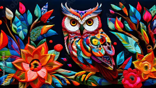 A vibrantly embroidered owl perched on a branch with geometric patterns on its feathers, surrounded by colorful Otomi flowers and leaves