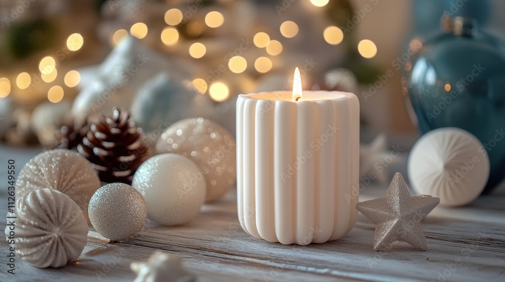 Warm glow of a decorative candle amidst festive ornaments and twinkling lights during a cozy winter evening Warm glow of a decorative candle amidst festive ornaments and twinkling lights during a cozy winter evening