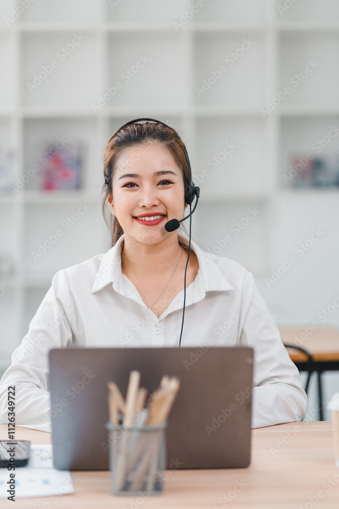 smiling female customer service representative wearing headset sits at desk with laptop, ready to assist, in bright and modern office space smiling female customer service representative wearing headset sits at desk with laptop, ready to assist, in bright and modern office space