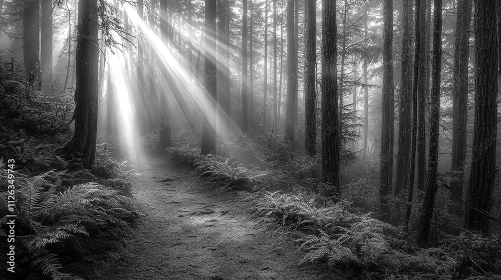 Naklejka premium A forest trail covered in mist, with rays of light breaking through the trees, symbolizing enlightenment and understanding.