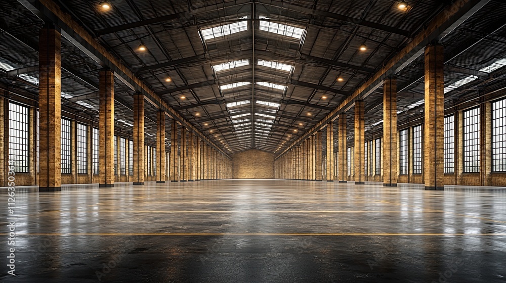 Spacious industrial warehouse with tall columns and large windows during daylight hours Spacious industrial warehouse with tall columns and large windows during daylight hours