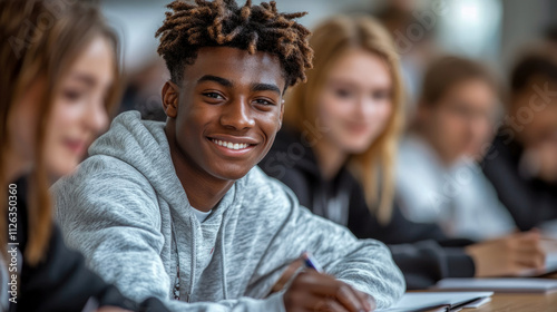 A happy student engages in a classroom activity with peers, showcasing a positive learning environment in a contemporary school setting