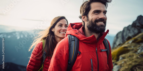 A happy couple of tourists are trekking in the Alpine mountains. generative AI. photo