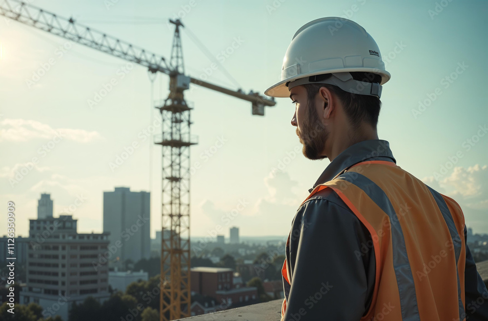 Engineer on constructing site, construction crane build building. AI Generative Engineer on constructing site, construction crane build building. AI Generative