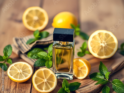  Fresh lemons, mint leaves, and a glass perfume bottle displayed in a natural, rustic setting. photo