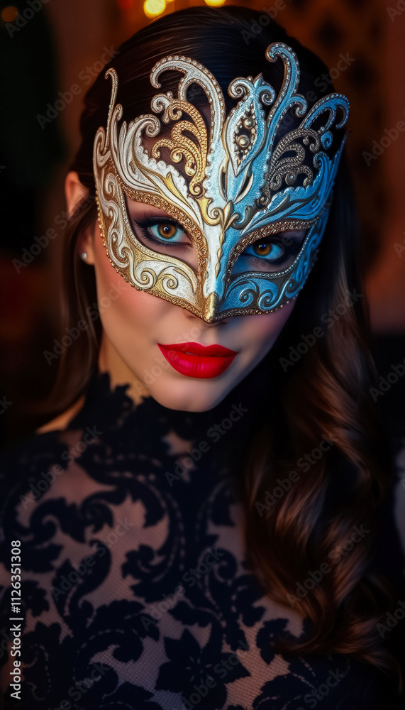 A graceful woman wearing a gold Venetian masquerade mask and a black lace dress, exuding elegance and mystery at a glamorous masquerade ball.