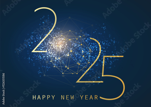 Golden and Dark Blue Modern Style Happy New Year Greeting Card, Creative Vector Design Template with Polygonal Globe on Glittering Background - 2025