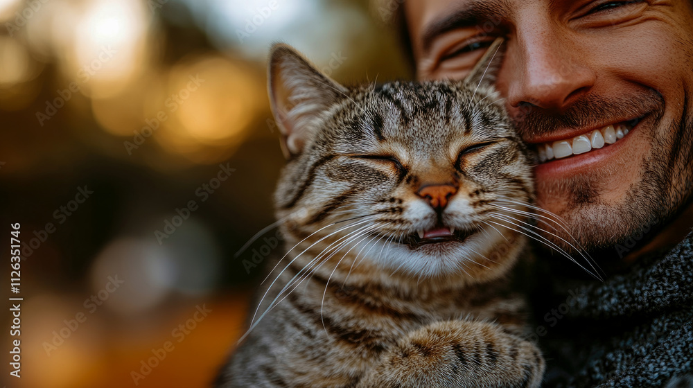 A man enjoys a peaceful moment holding a playful cat close, both displaying happiness and affection as the sun sets in a warm park environment A man enjoys a peaceful moment holding a playful cat close, both displaying happiness and affection as the sun sets in a warm park environment