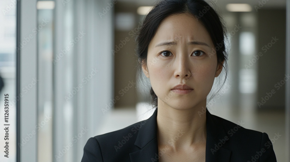 Young Asian Businesswoman Serious Expression Indoor Setting Young Asian Businesswoman Serious Expression Indoor Setting