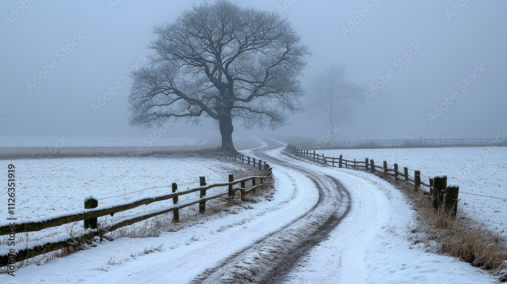 A winding dirt path cuts through a snowy field, leading past a lone tree surrounded by fog, capturing the stillness of a winter day