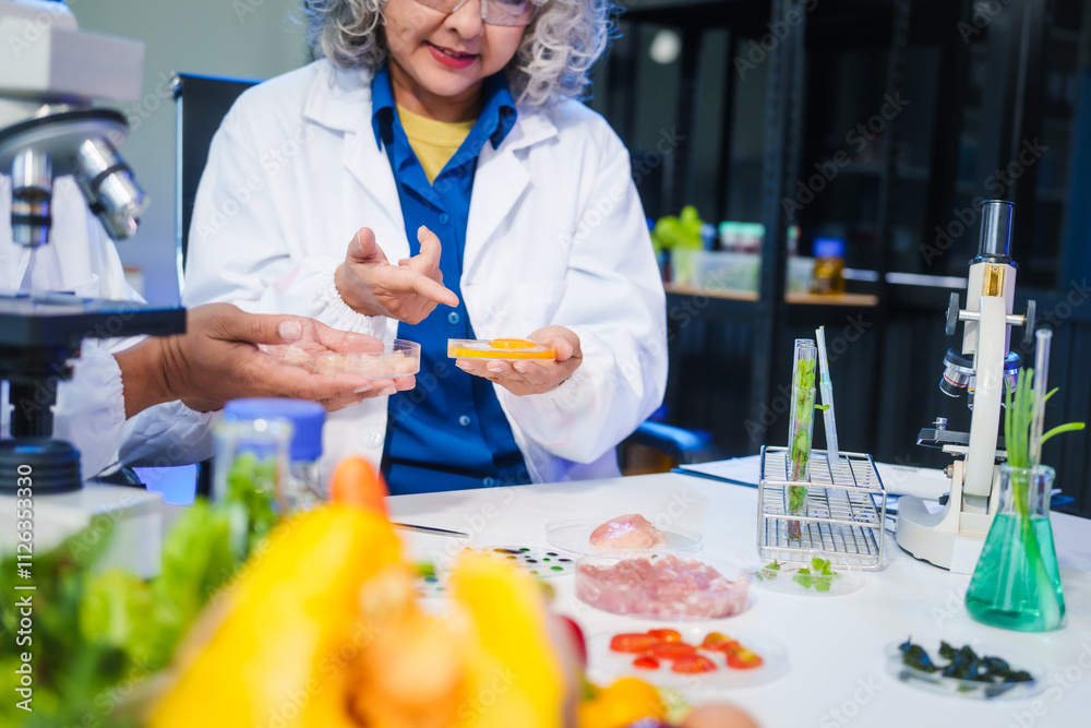 A female and male scientist conduct plant research in a laboratory, using microscopes, petri dishes,test tubes. researchers analyze genetically modified plants, vegetables, pork, nutritional value A female and male scientist conduct plant research in a laboratory, using microscopes, petri dishes,test tubes. researchers analyze genetically modified plants, vegetables, pork, nutritional value