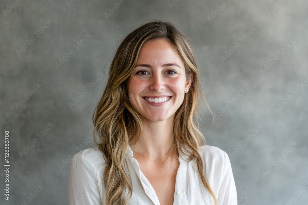 A woman with long blonde hair is smiling and wearing a white shirt A woman with long blonde hair is smiling and wearing a white shirt