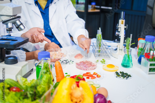 A female and male scientist conduct plant research in a laboratory, using microscopes, petri dishes,test tubes. researchers analyze genetically modified plants, vegetables, pork, nutritional value