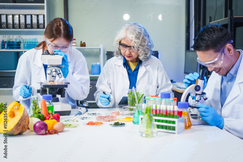 A male scientist and two women conduct plant research in a laboratory. microscopes, petri dishes,test tubes to analyze genetically modified plants, food, meat, eggs,vegetables for nutritional value A male scientist and two women conduct plant research in a laboratory. microscopes, petri dishes,test tubes to analyze genetically modified plants, food, meat, eggs,vegetables for nutritional value