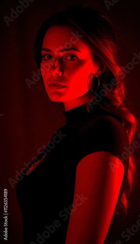 A woman dressed in black, illuminated by dramatic red lighting, capturing an intense and moody atmosphere with bold contrasts and modern elegance.