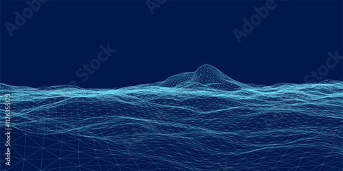 Vector retro futuristic background. Abstract digital landscape on horizon. Wireframe landscape background. Big Data Digital retro landscape Retro Sci-Fi Background.
