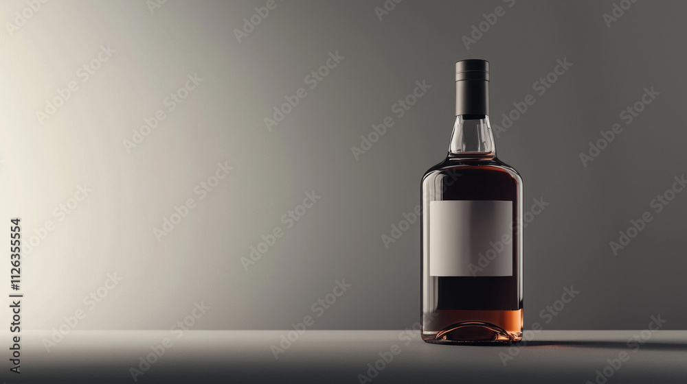 A luxury alcohol bottle with a blank label, surrounded by subtle highlights and reflections, against a gradient gray background for a minimalist and premium aesthetic A luxury alcohol bottle with a blank label, surrounded by subtle highlights and reflections, against a gradient gray background for a minimalist and premium aesthetic