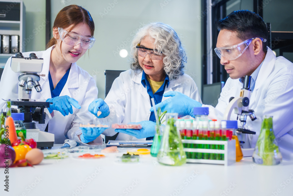 A male scientist and two women conduct plant research in a laboratory. microscopes, petri dishes,test tubes to analyze genetically modified plants, food, meat, eggs,vegetables for nutritional value A male scientist and two women conduct plant research in a laboratory. microscopes, petri dishes,test tubes to analyze genetically modified plants, food, meat, eggs,vegetables for nutritional value