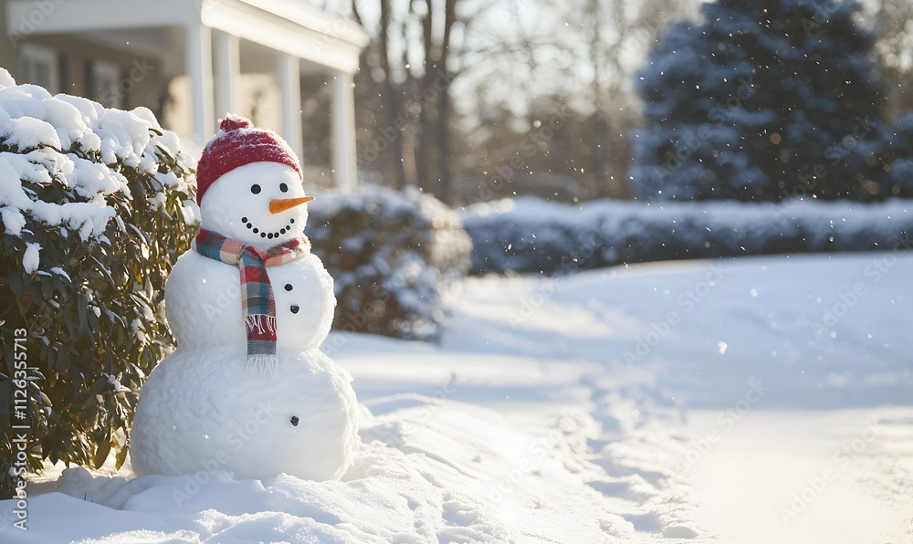 outdoor setting featuring a snowman surrounded by frost-covered bushes and trees, Generative AI outdoor setting featuring a snowman surrounded by frost-covered bushes and trees, Generative AI
