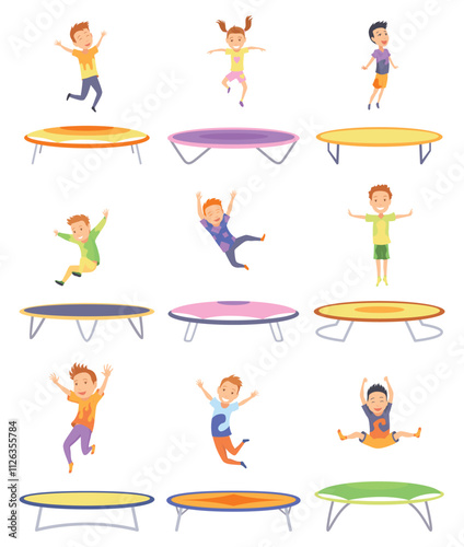 Children jumping trampolines. Kids jumping on trampoline. Happy boys, girls bouncing and having fun. Group outdoor activity cartoon vector set. Characters having leisure time and entertainment