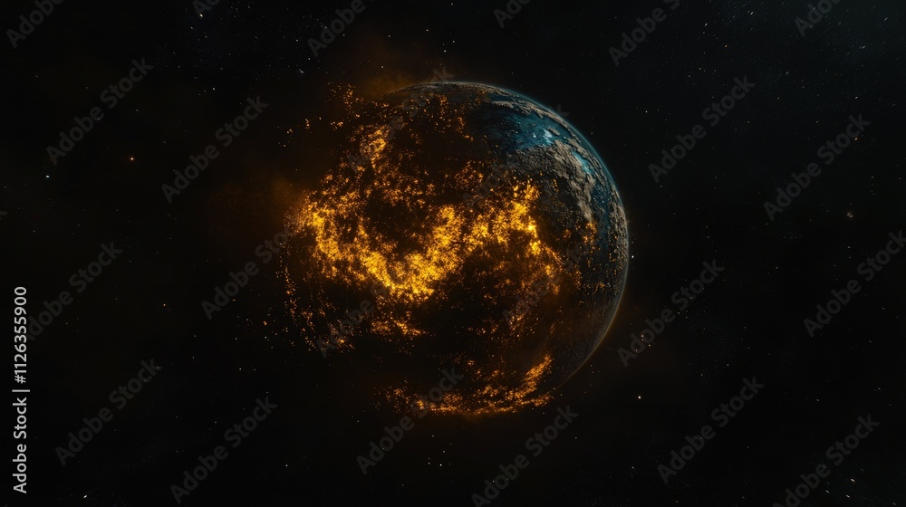 Fototapeta premium A celestial view of Earth with its atmosphere depicted as a fiery glow, symbolizing power and transformation.