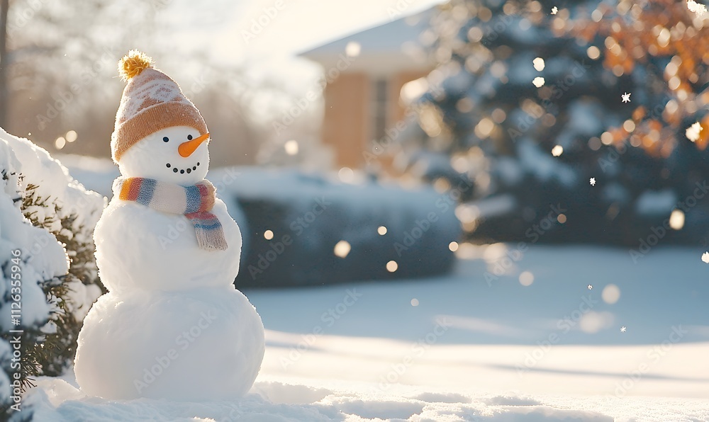 Fototapeta premium outdoor setting featuring a snowman surrounded by frost-covered bushes and trees, Generative AI 
