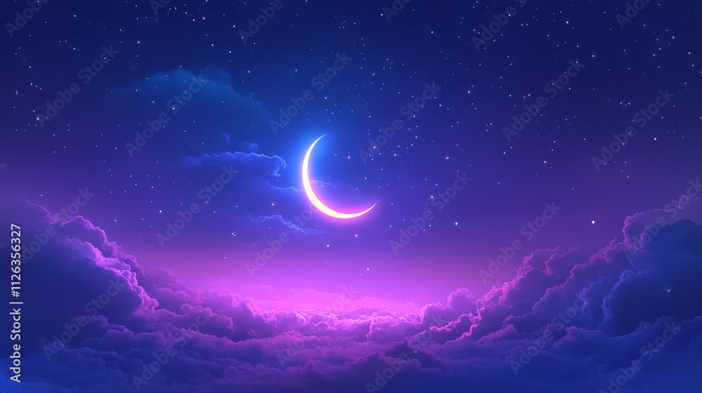 Beautiful crescent moon night sky with stars and clouds, purple and blue hues Beautiful crescent moon night sky with stars and clouds, purple and blue hues