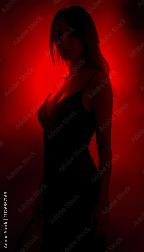 A poised woman in a black dress, illuminated by a red spotlight, radiating sophistication and a strikingly dramatic aesthetic. A poised woman in a black dress, illuminated by a red spotlight, radiating sophistication and a strikingly dramatic aesthetic.