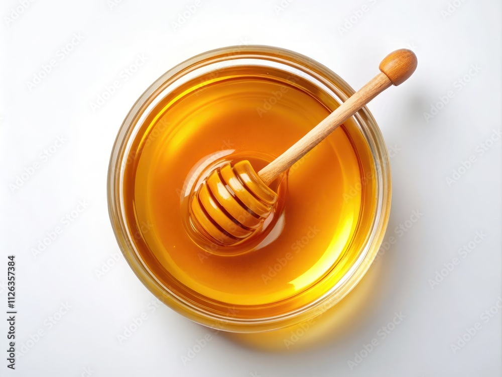 Golden honey swirls in a minimalist clear glass bowl, isolated. Golden honey swirls in a minimalist clear glass bowl, isolated.