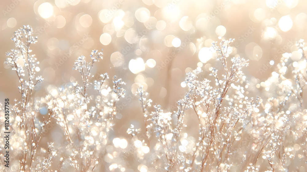 A field of delicate plants coated in frost sparkles in the morning light. A field of delicate plants coated in frost sparkles in the morning light.