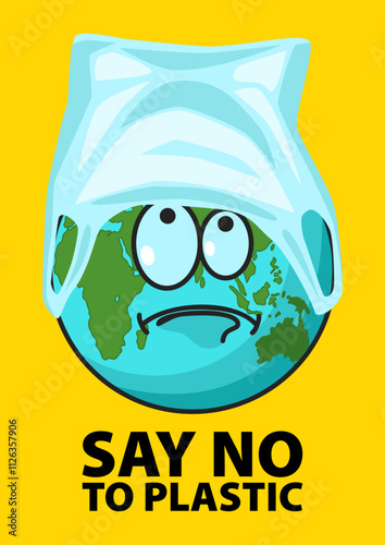 Cartoon illustration of Earth with its top wrapped in a plastic bag, symbolizing the impact of plastic pollution on the planet. Perfect for environmental campaigns, sustainability, and waste reduction