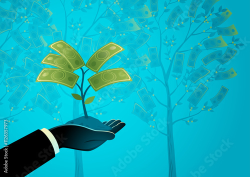 Hand nurturing a young money plant, set against a backdrop of flourishing money trees. Compound interest, financial growth, investment, wealth management, and sustainable success