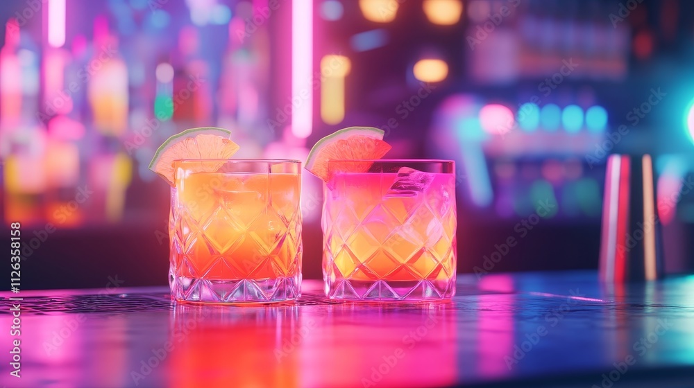 Neon lights bar drinks, colorful cocktails, night out vibes, vibrant atmosphere, bar background, trendy bar decor Neon lights bar drinks, colorful cocktails, night out vibes, vibrant atmosphere, bar background, trendy bar decor