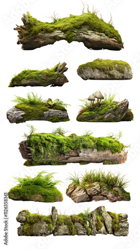 PNG rock moss element set, transparent background