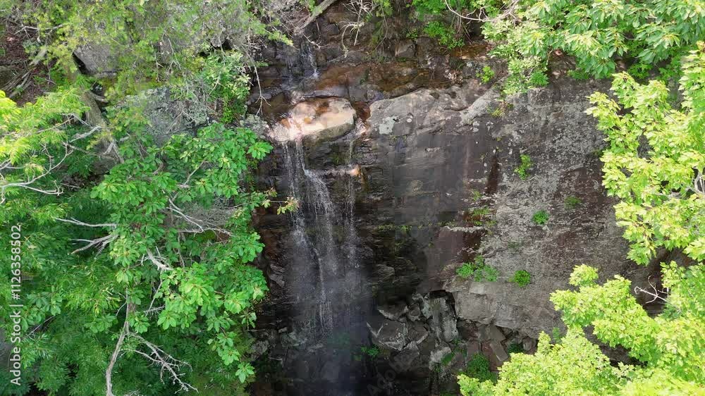Aerial static shot of a waterfall through the trees in the summer. Aerial static shot of a waterfall through the trees in the summer.