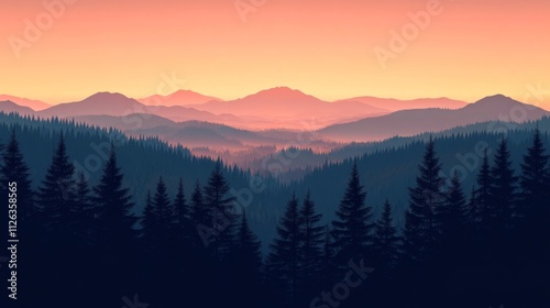 Serene mountain landscape at sunset with warm orange hues