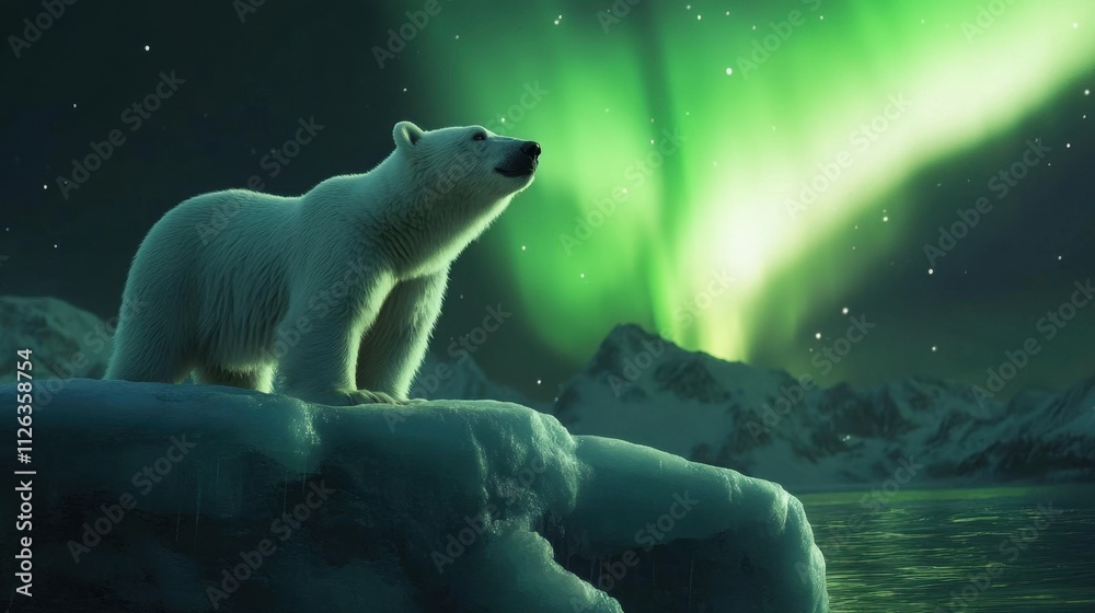 Fototapeta premium A polar bear on an icy platform, with the Northern Lights creating a stunning and ethereal winter backdrop.