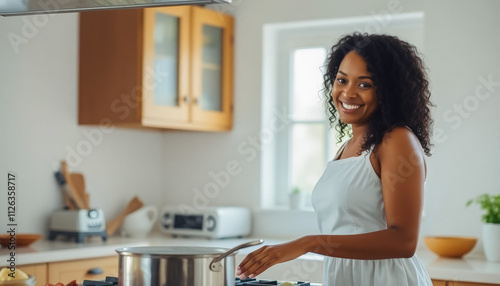 A cheerful woman cooking in a sunny kitchen, stirring a pot with steam rising, creating a warm and inviting home atmosphere.