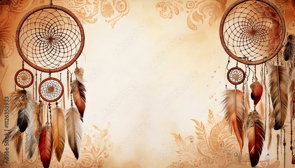 Obraz premium Bohemian-style watercolor with tribal patterns, dreamcatchers, and earthy tones with empty copy space in the middle