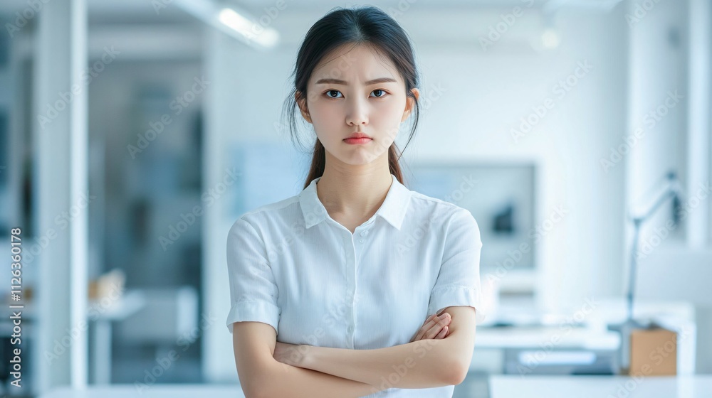 Young Woman With Arms Crossed In Office Setting Young Woman With Arms Crossed In Office Setting