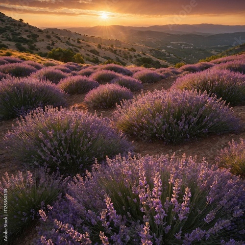 A hillside covered in blooming lavender with a golden sunset in the background.