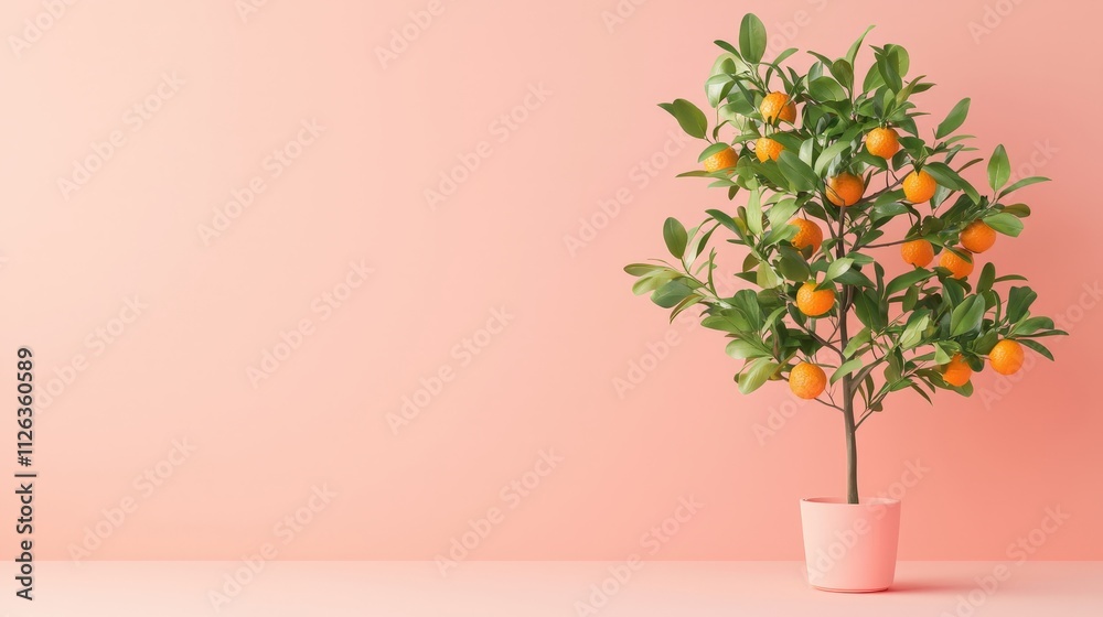 Citrus Tree with Oranges on Pink Background Citrus Tree with Oranges on Pink Background