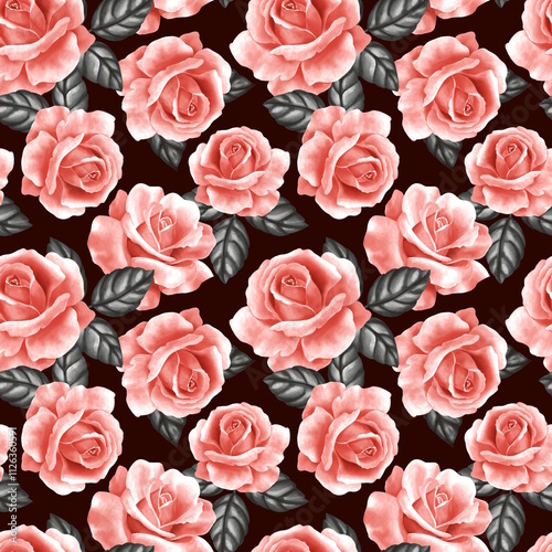 Seamless floral pattern with red roses on black background