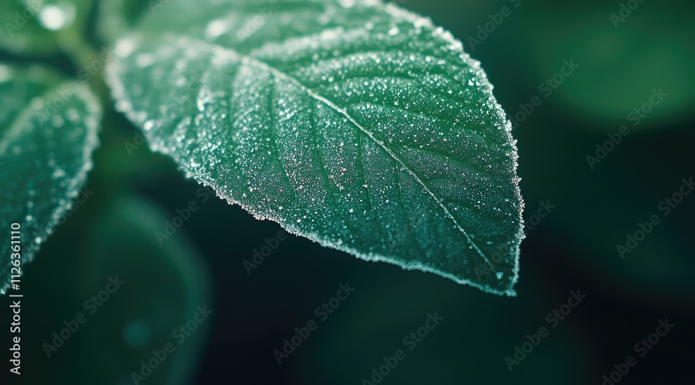 Close-Up of a Green Frosty Leaf Showcasing Intricate Ice Crystal Patterns in Nature's Art Close-Up of a Green Frosty Leaf Showcasing Intricate Ice Crystal Patterns in Nature's Art