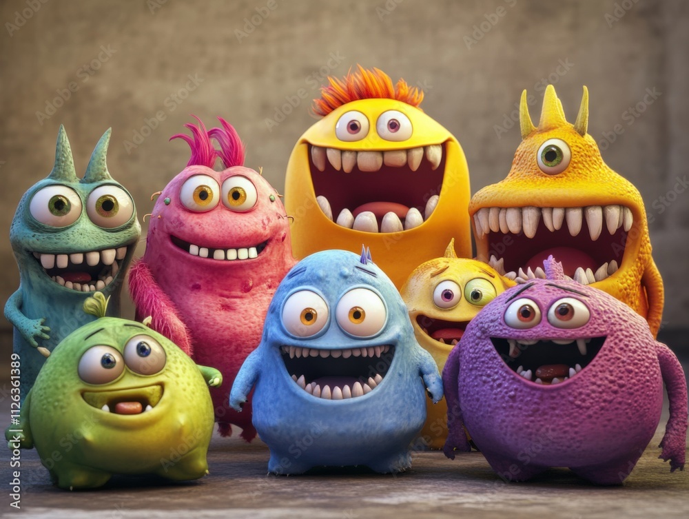 colorful cartoon monsters with big smiles and playful expressions colorful cartoon monsters with big smiles and playful expressions