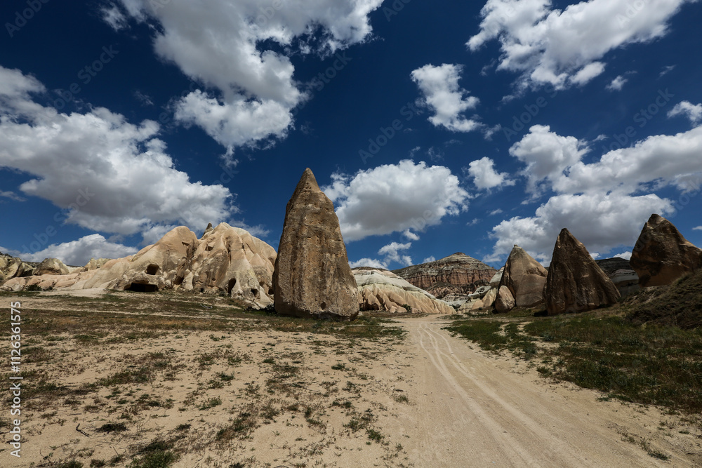 Fototapeta premium Cappadocia is a semi-desert region in central Turkey. It is famous for its fairy chimneys - tall cone-shaped rock formations, which are especially numerous in Pasabag Monks Valley and Goreme Valley.