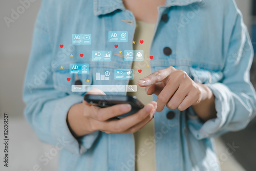 Businessman using hand touching on digital tablet to use marketing tools and check research visits to pay per click program on web page for online business and lifestyle concept.